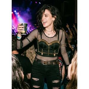 Rockstar Goth Studded Bralette Black & Gold Skull Detail Festival Top - Size M